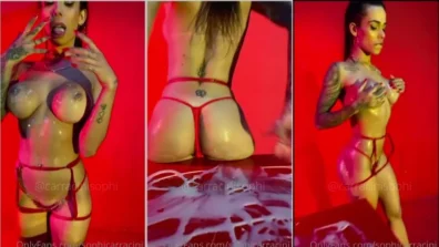 Sophia Carracini only with floss panties wiggling the ass