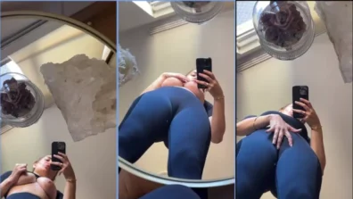 Laura Sahar teasing, showing the pants marking the pussy