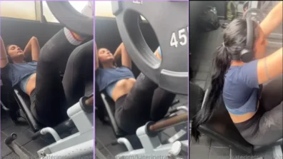 Katerine Traslavina filming her exercise at the gym